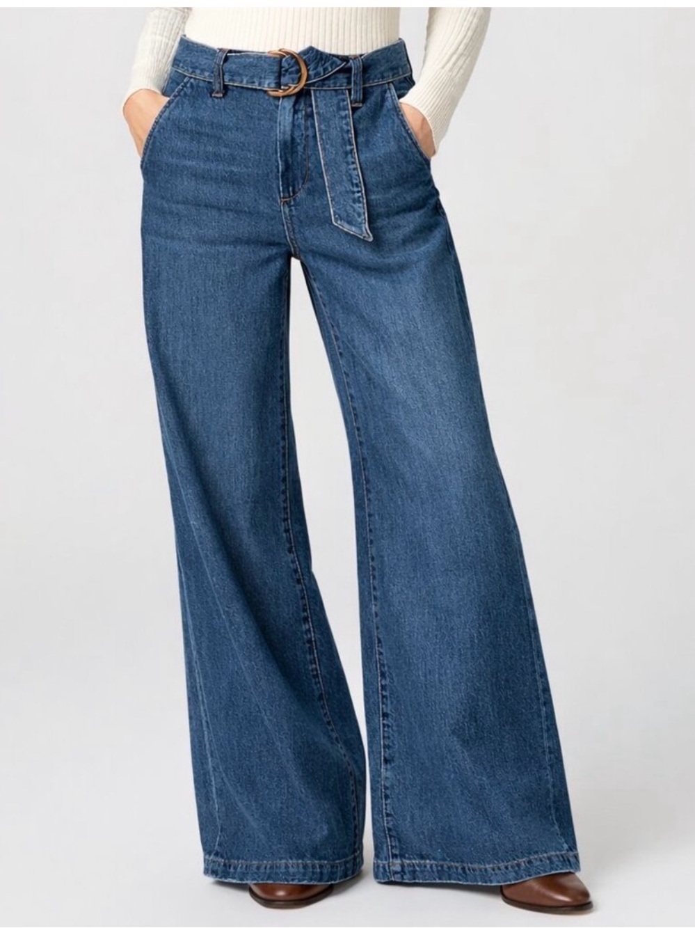 PAIGE High-Waist Flared Leg Jeans in Medium Blue with Belt